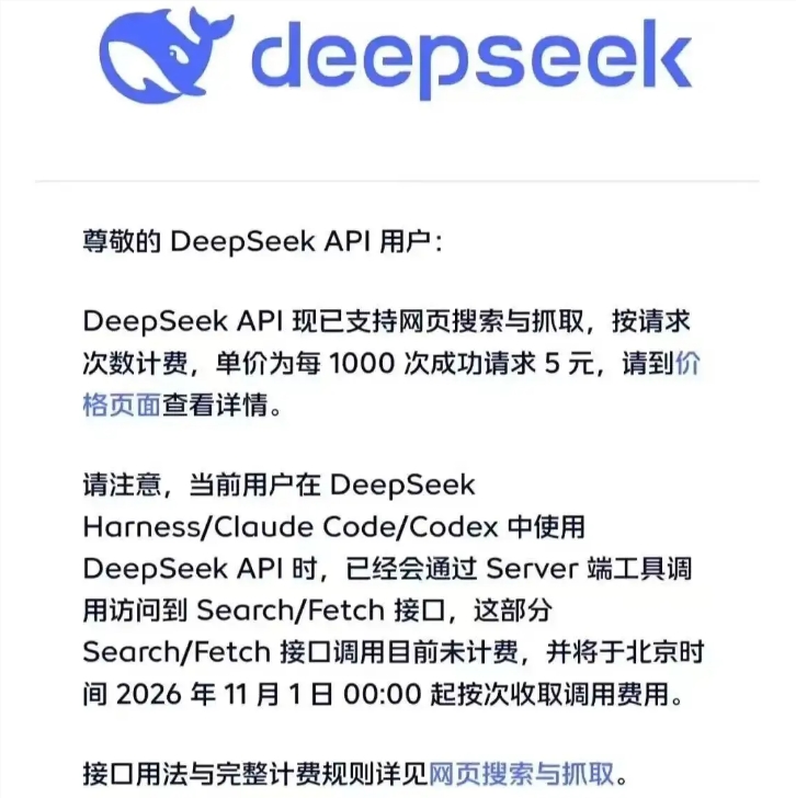DeepSeek推出网页搜索API服务 1000次请求仅需5元
